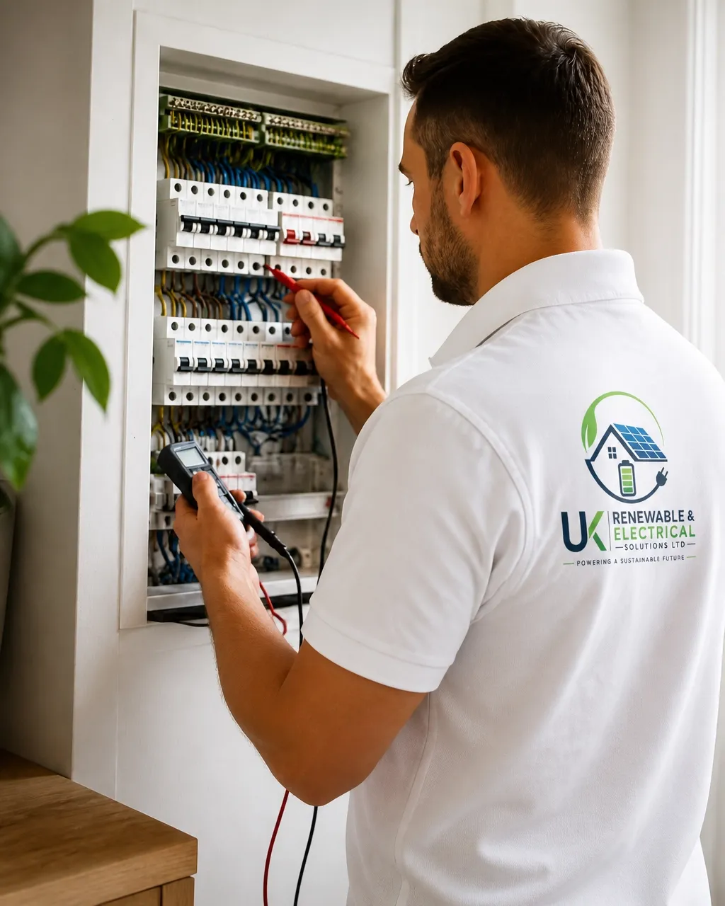 Electrician in a white company polo shirt testing a domestic electrical panel